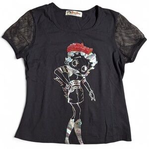 Y2K Betty Boop 2004 rare Cool Graphic Black Fishnet Short Sleeve Shirt
